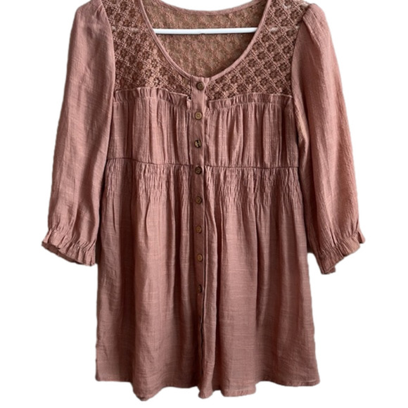 Boho Button Up by MINE Tan Blouse Fairycore  Sz Small - Picture 1 of 6